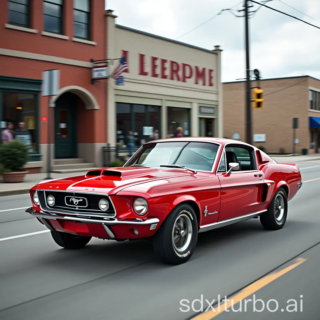 1967 Mustang Fastback with candy apple red paintjob, driving in Kansas City