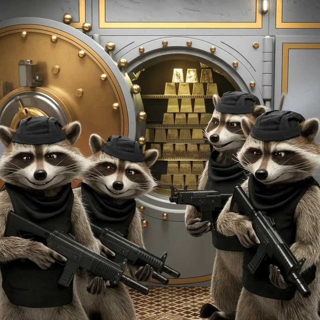 4 anthropomorphic raccoons in black cloth robber masks armed with Thompson submachine guns, near the banking hall with a large round safe door, the safe door is broken and ajar, raccoons are bandits, gold bars are visible in the vault, realistic, cinematic, detailed