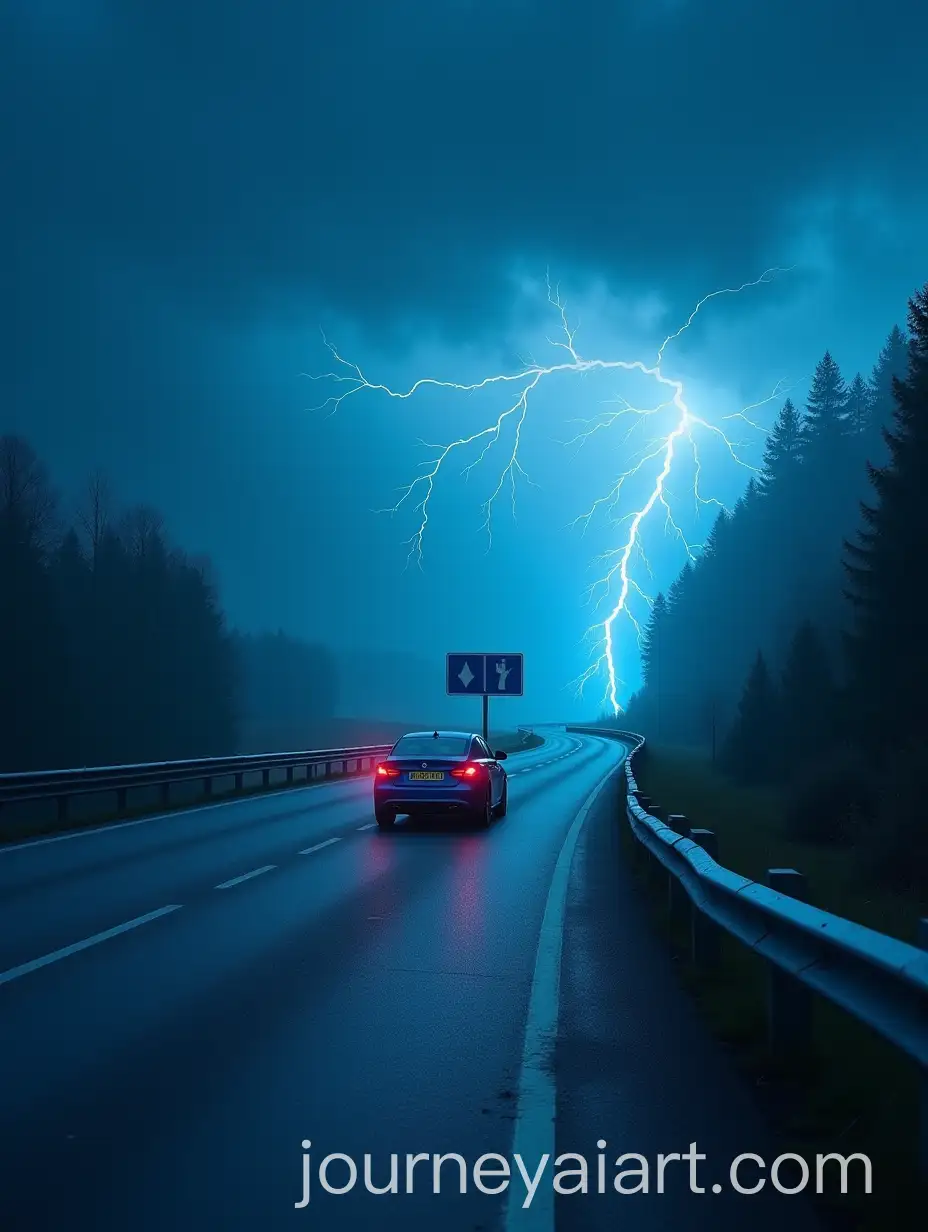 Blue-Car-on-Curved-Road-During-Storm-with-Lightning-and-Signage