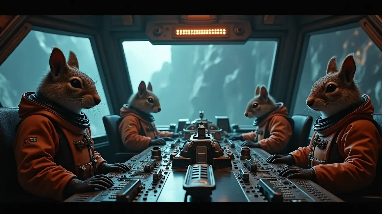 sci fi wide angled view of command room with several mean and dangerous anthropomorphised squirrel astronauts wearing high teck military gear piloting spaceship through an asteroid field, dark, moody, style of blade runner, cinematic, dramatic, helmets and goggles worn