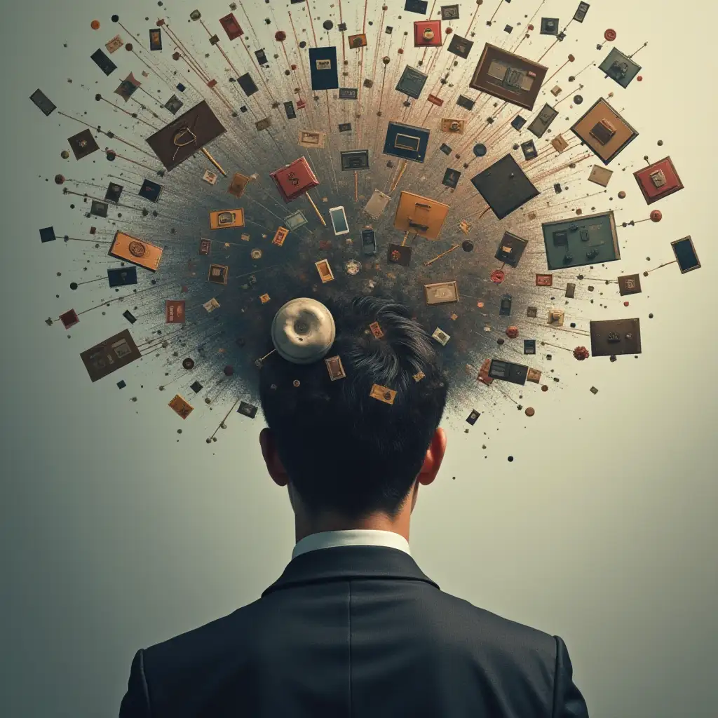 a person procrastinating , a lot of things revolving around his head , close up above shoulder, more realistic