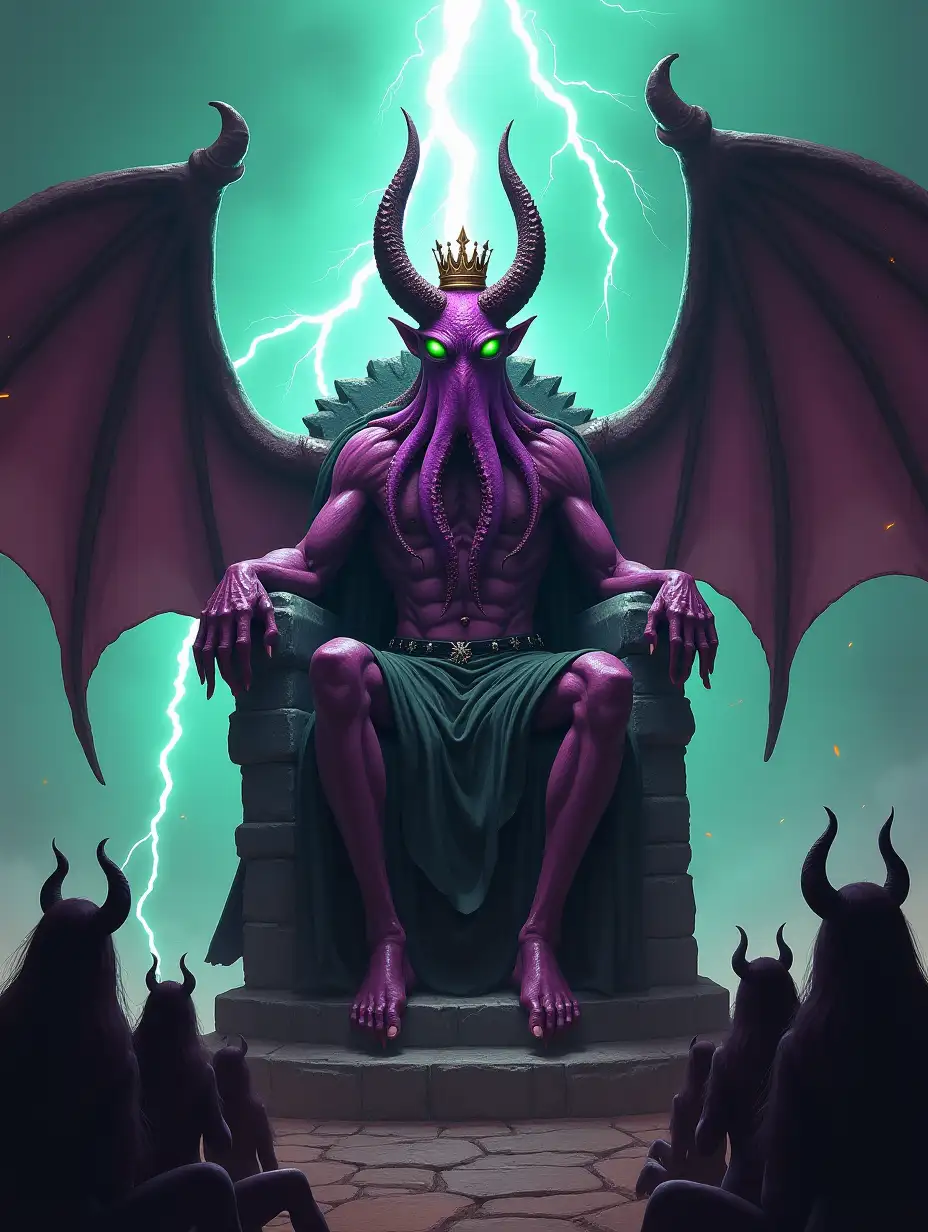 giant horned purple and pink green eyed octopus faced humanoid with batlike wings wearing a crown sat on a stone throne with adoring cult followers worshipping backlit by lightning