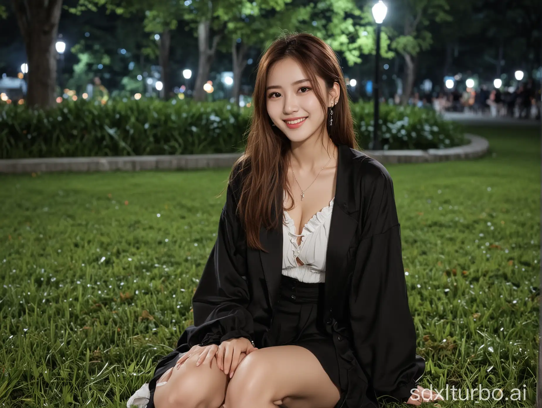 user_prompt: Chinese woman, sexy and sweet smile, brown hair, white skin, black eyes, height 165CM wearing fashionable clothing at night sitting on the grass in the park