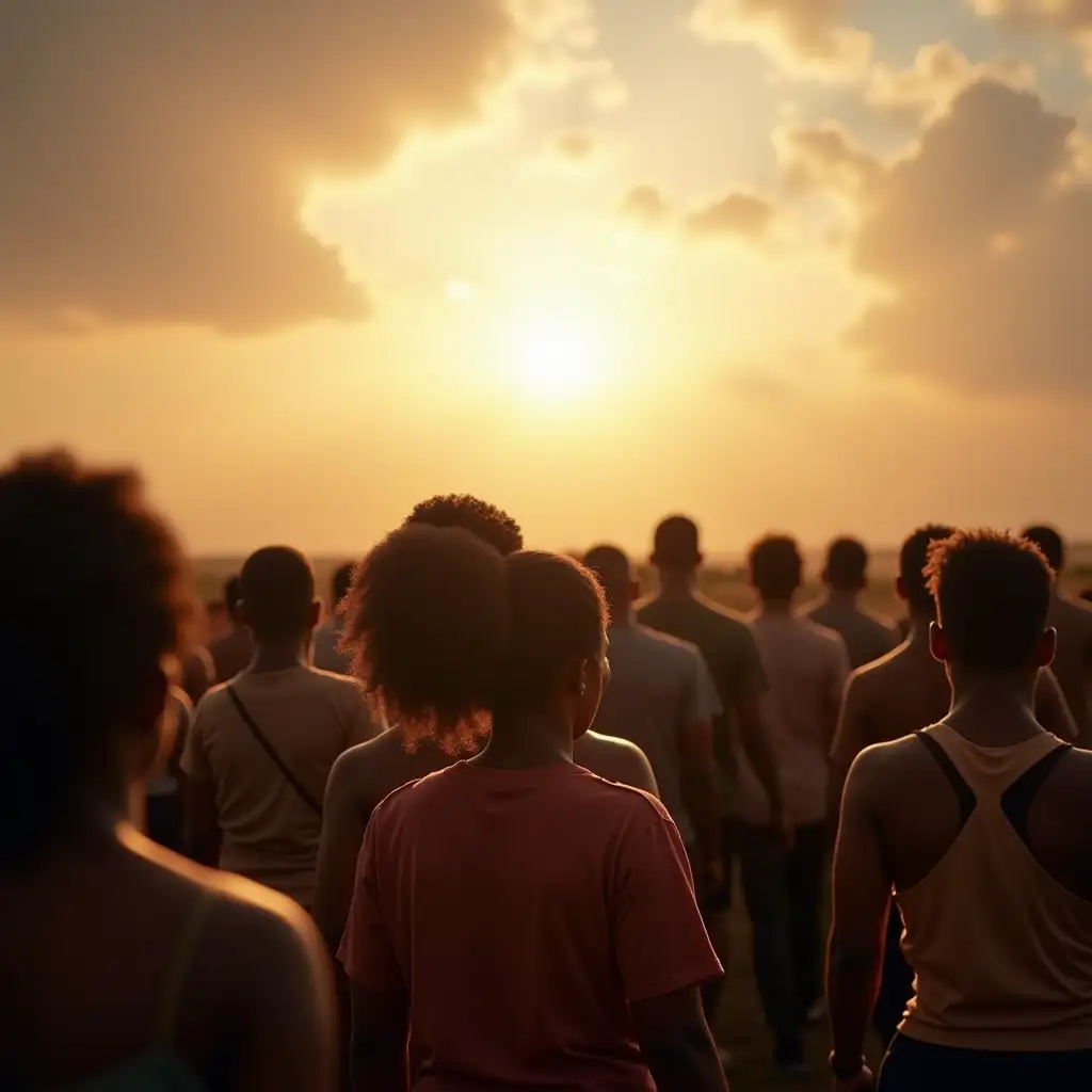 A crowd of African people walking together, lifting their eyes towards a bright horizon, symbolizing hope and truth.