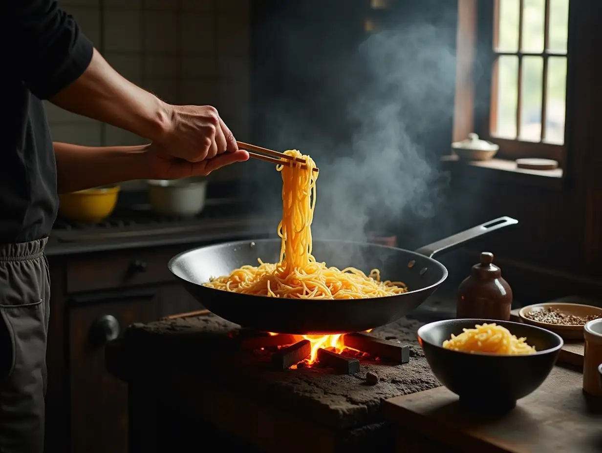 a rural Chinese kitchen with a wok for noodle cooking on a fire stove, lifting noodles with chopsticks, transferring noodles to a bowl using one hand while holding the wok with the other, expanding it greatly