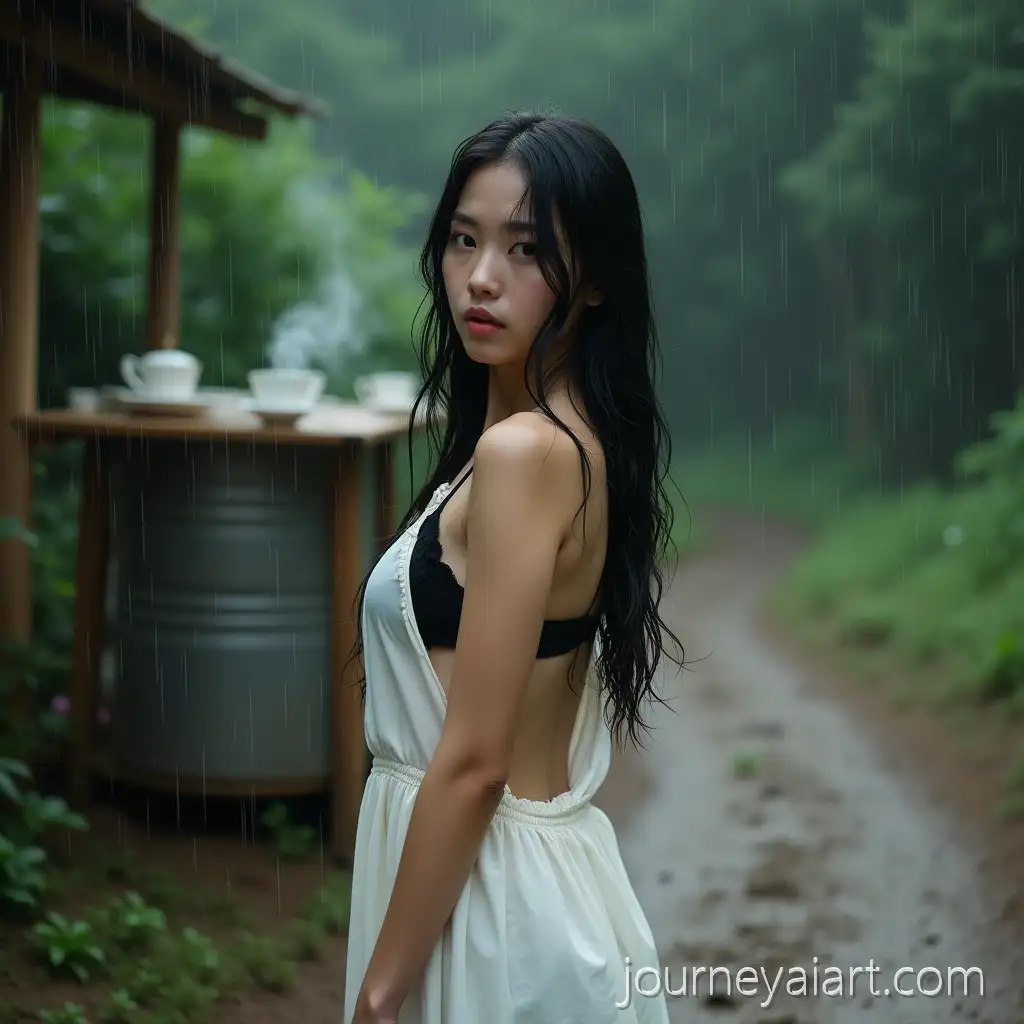Young-Woman-in-a-Sleeveless-White-Dress-Standing-on-a-Muddy-Village-Road-in-the-Rain