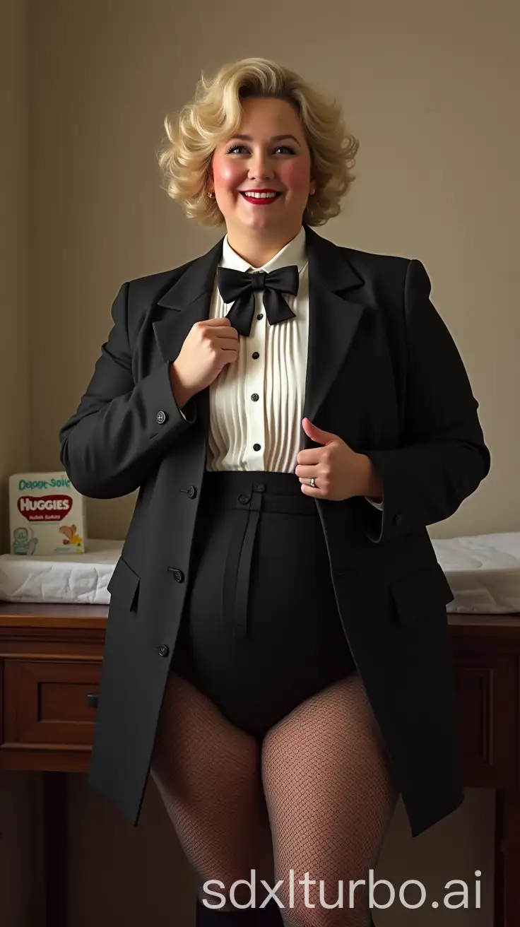 Smiling-Caucasian-Woman-in-Formal-Tuxedo-with-Huggies-Diapers-in-Nursery