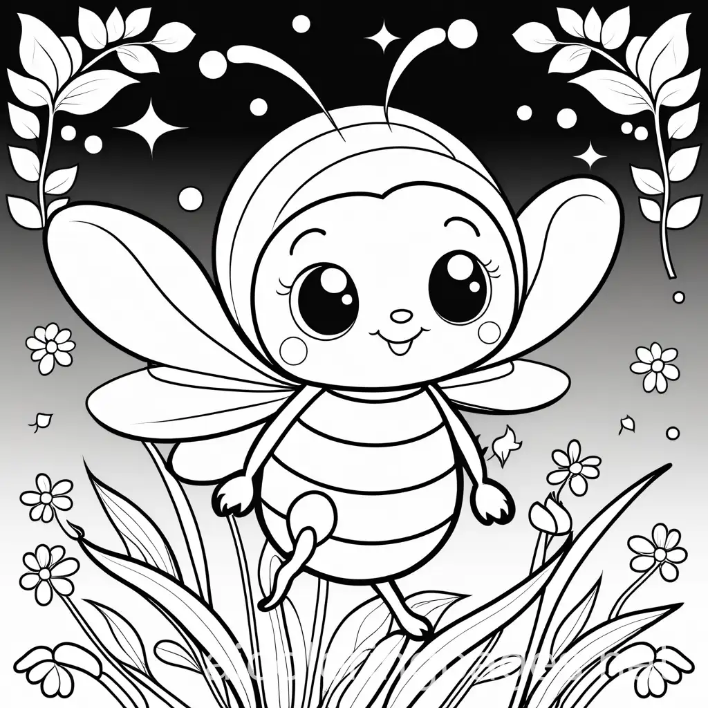 Cute-Bee-with-New-Year-Hat-Buzzing-Over-a-Flower-Kids-Coloring-Page