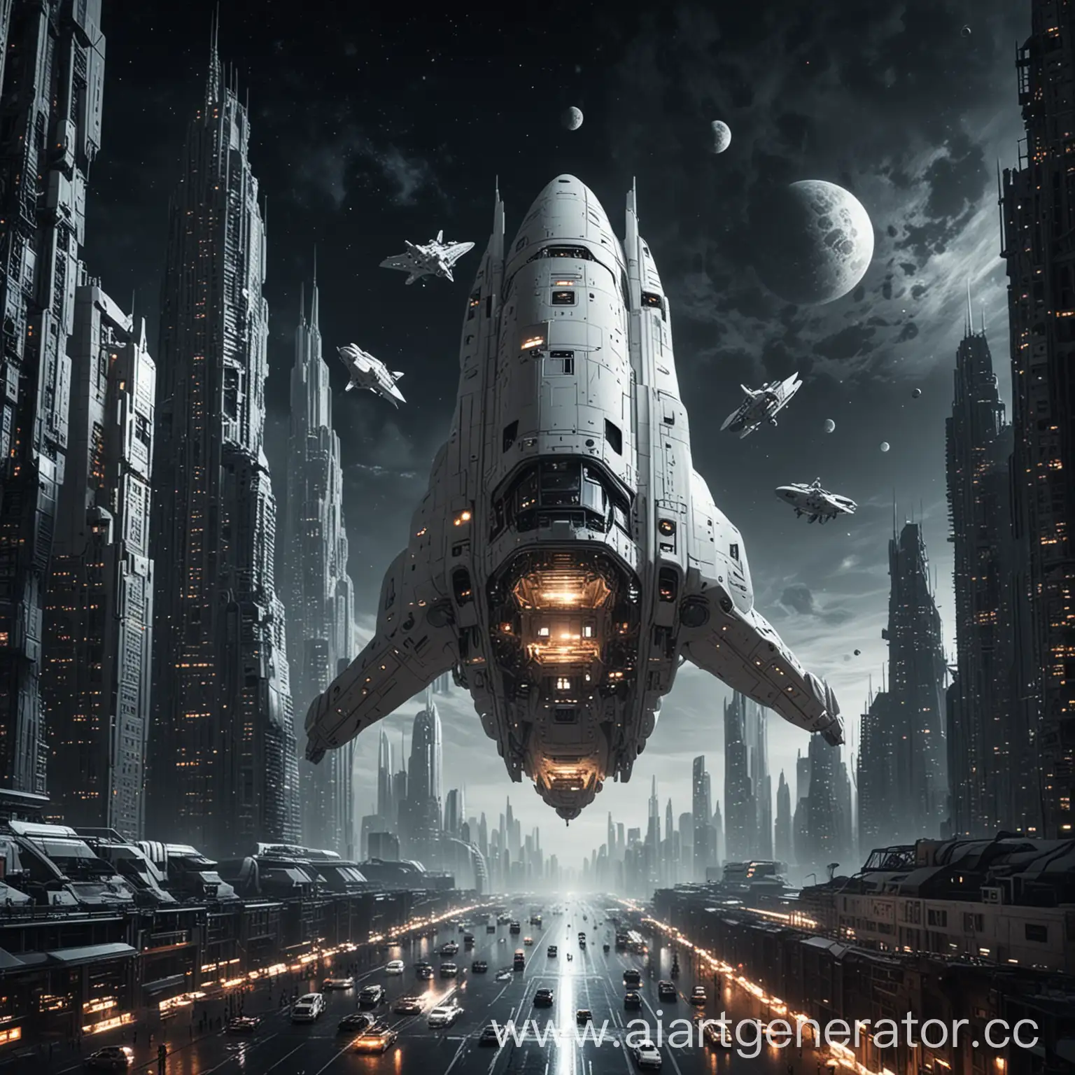 Futuristic-White-Spacecraft-Landing-in-Night-Cityscape