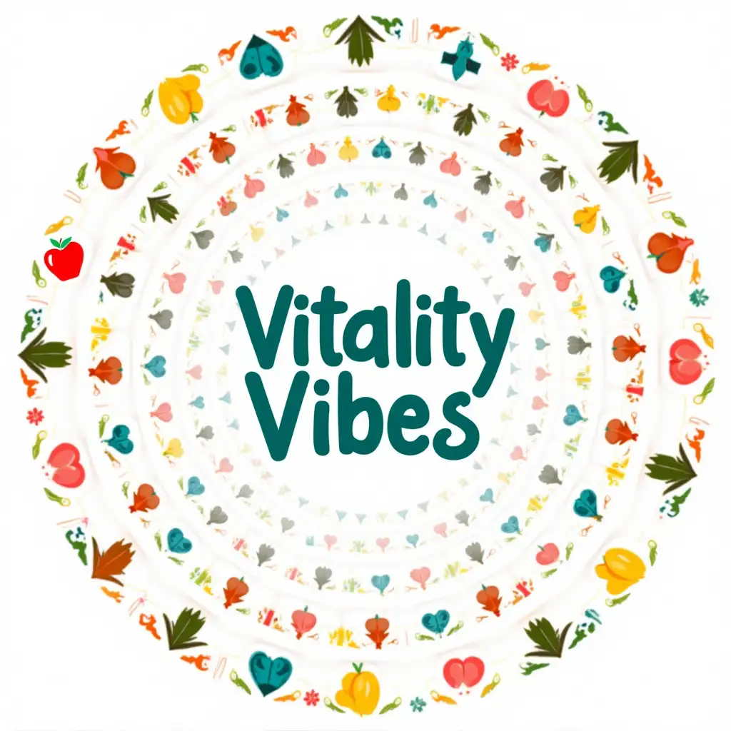 A spiral pattern filled with small, colorful icons representing health, like a heart, apple, running figure, and lotus. Each icon is in a different vibrant color, creating a kaleidoscope effect. The text 'Vitality Vibes' is centered in a dynamic, energetic font.