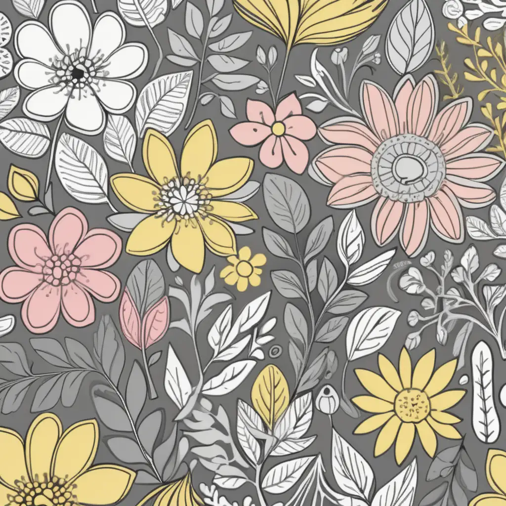 Elegant Floral Doodle Pattern in Gray Yellow and Pink