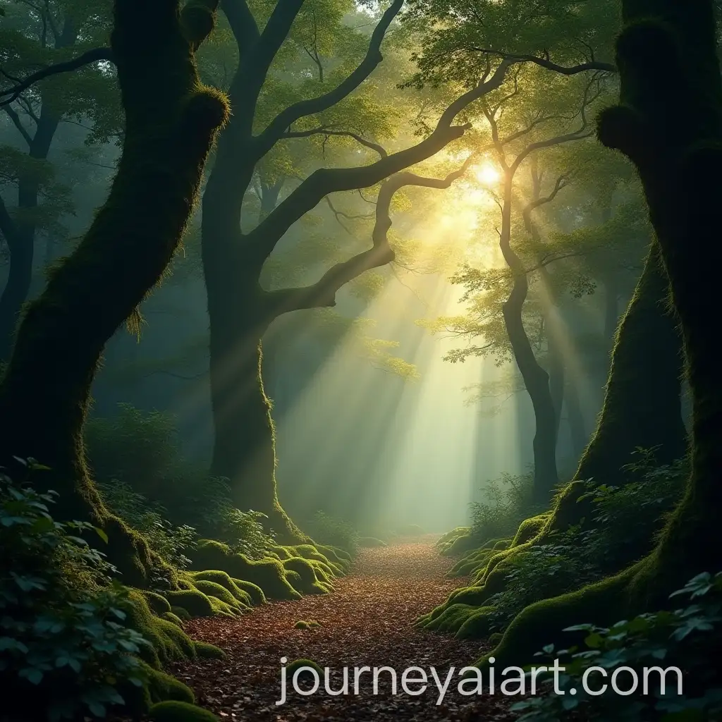 Magical-Forest-at-Twilight-with-Ancient-MossCovered-Trees-and-Golden-Light