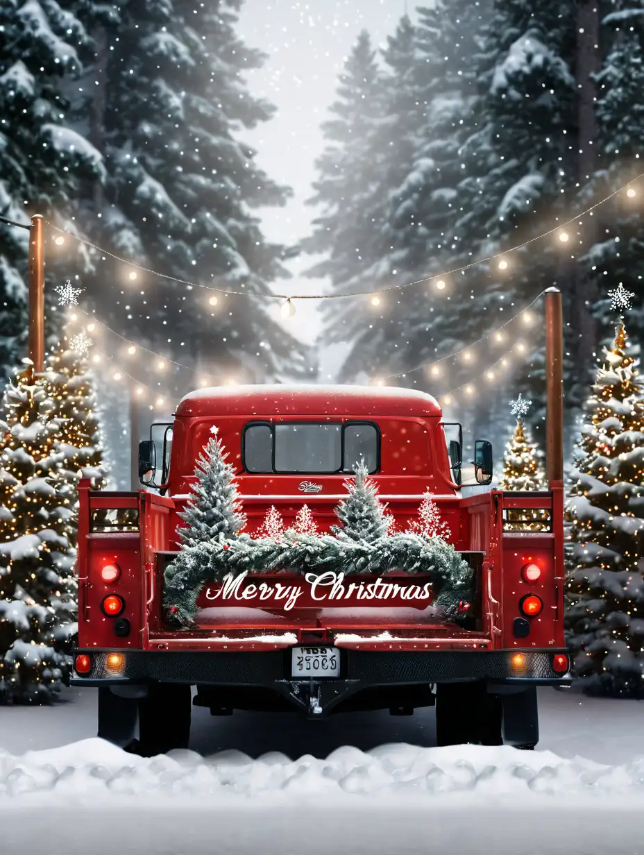 Christmas Winter Scene with Red Truck and Pine Trees