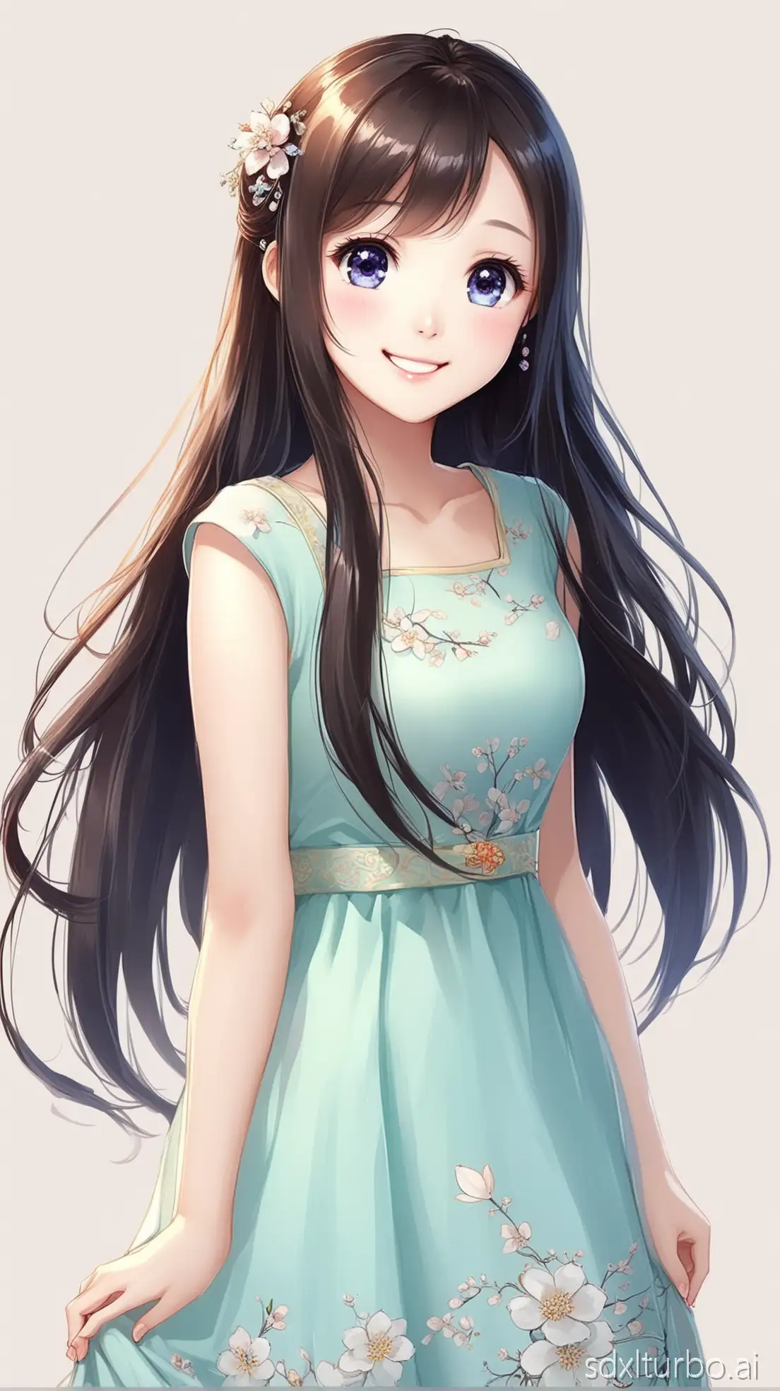 A very cute and sweet long hair chinese lady in modern cute dress, smiling, eyes sparkling, simple background