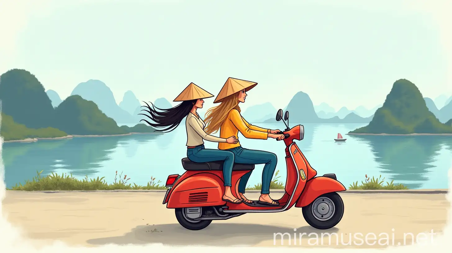 Two Women Exploring Vietnam on Scooter with Iconic Vietnamese Landscape