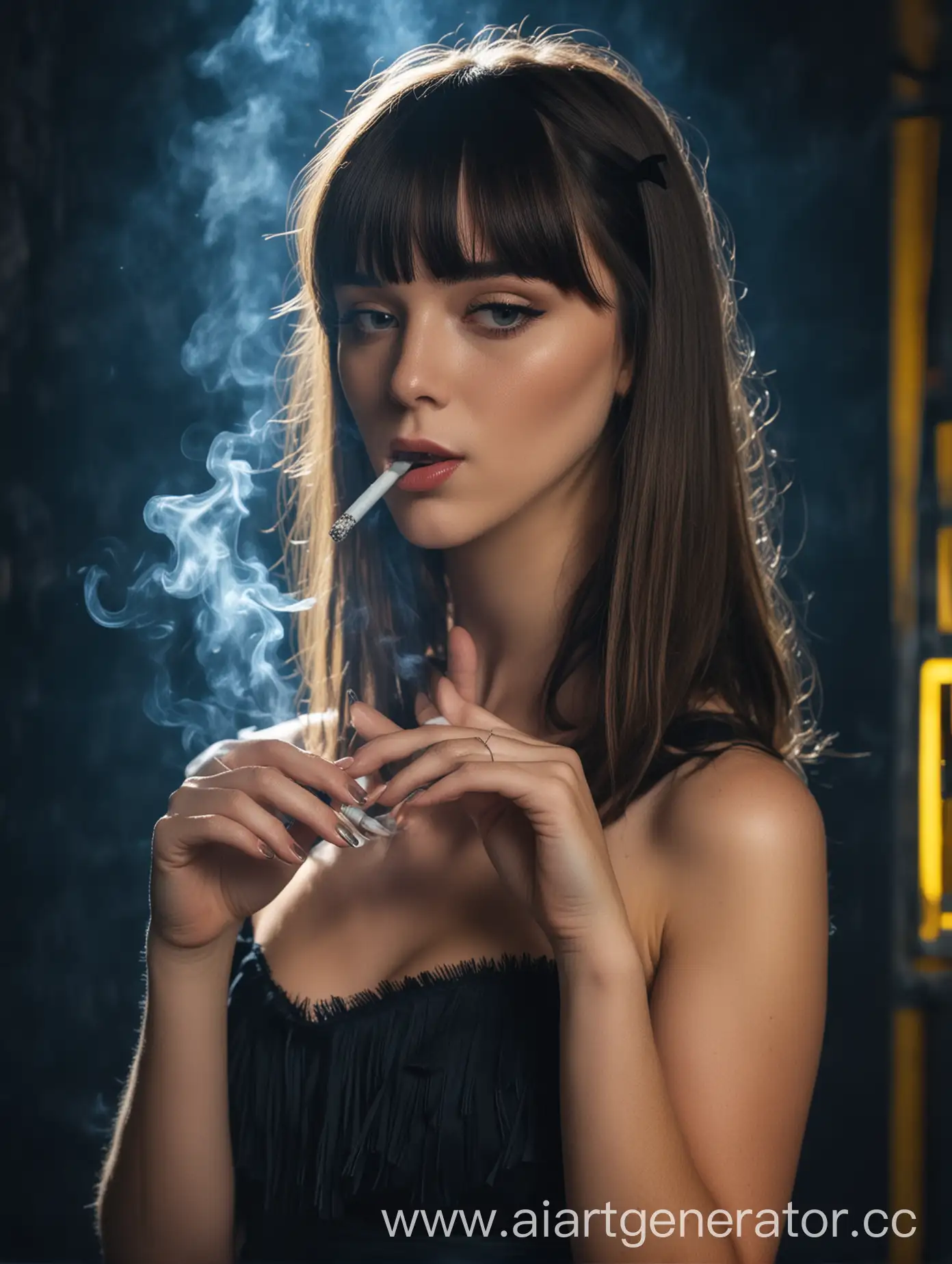 Brunette-Girl-in-Black-Dress-Smoking-Cigarette-in-BlueYellow-Light