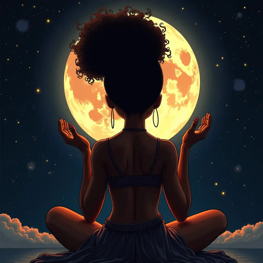 Meditating Black Woman with Afro Under Starry Galaxy Sky