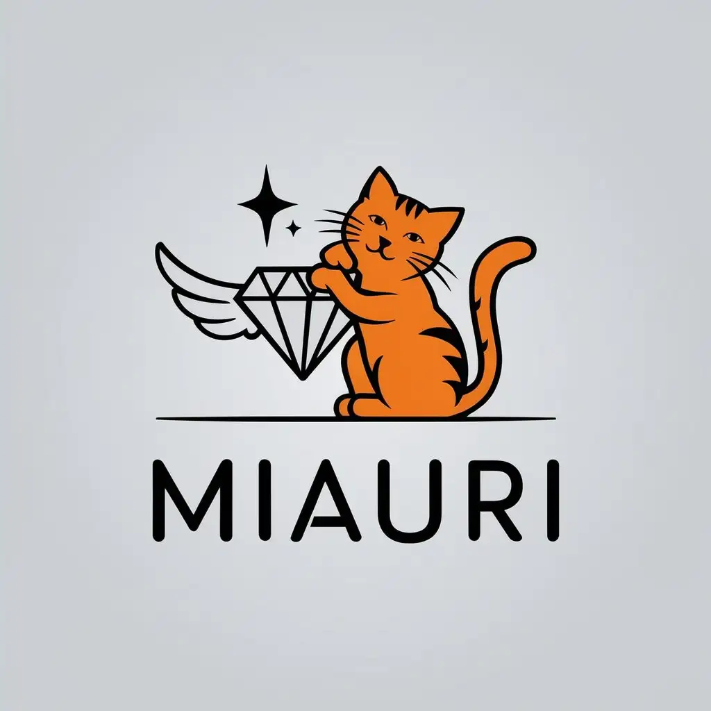 LOGO Design for Miauri Orange Cat Playing with Winged Diamond Minimalistic Design