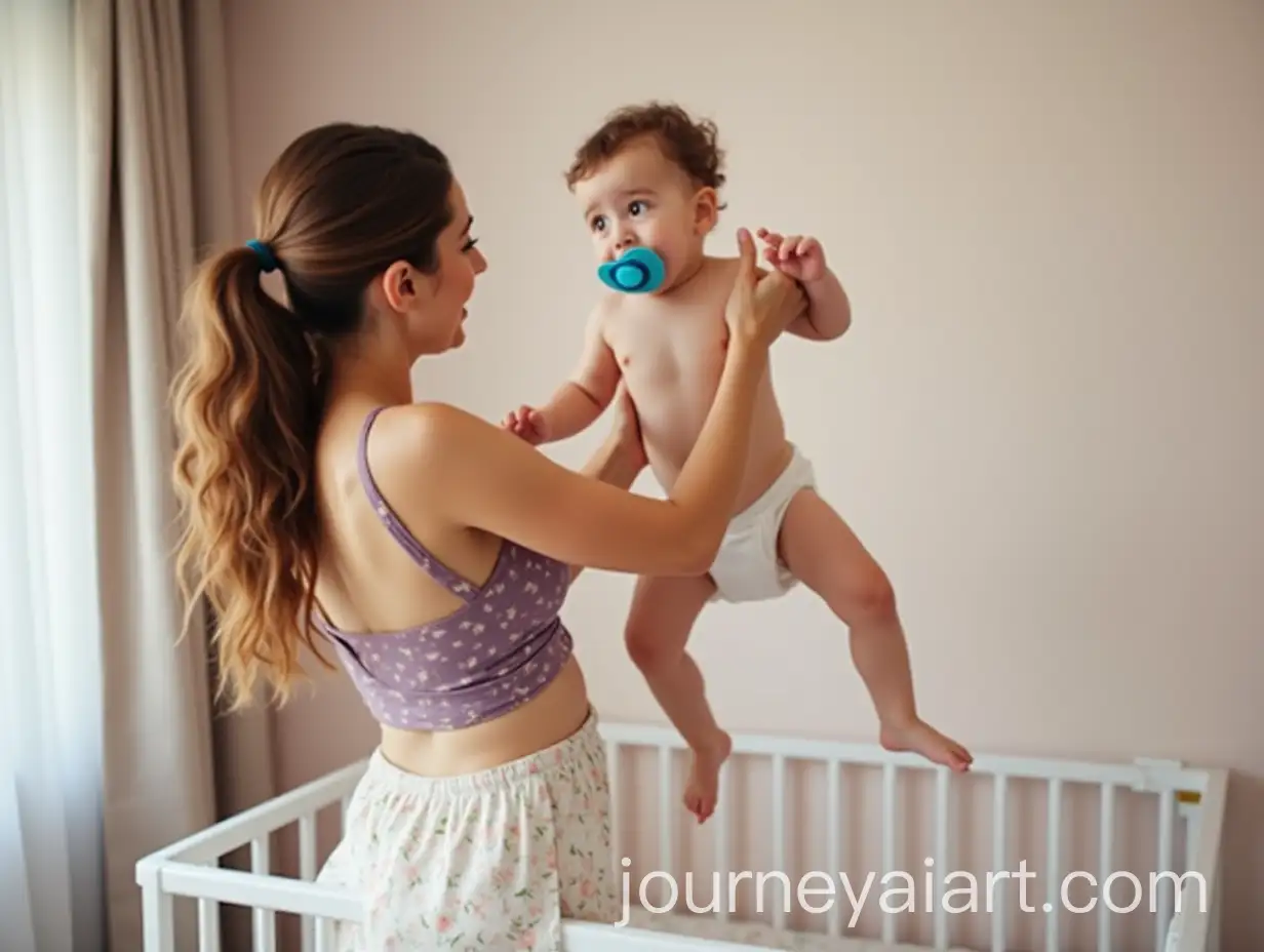 Surprised-Baby-Held-Up-by-Mom-for-Bassinet-in-Girlish-Room