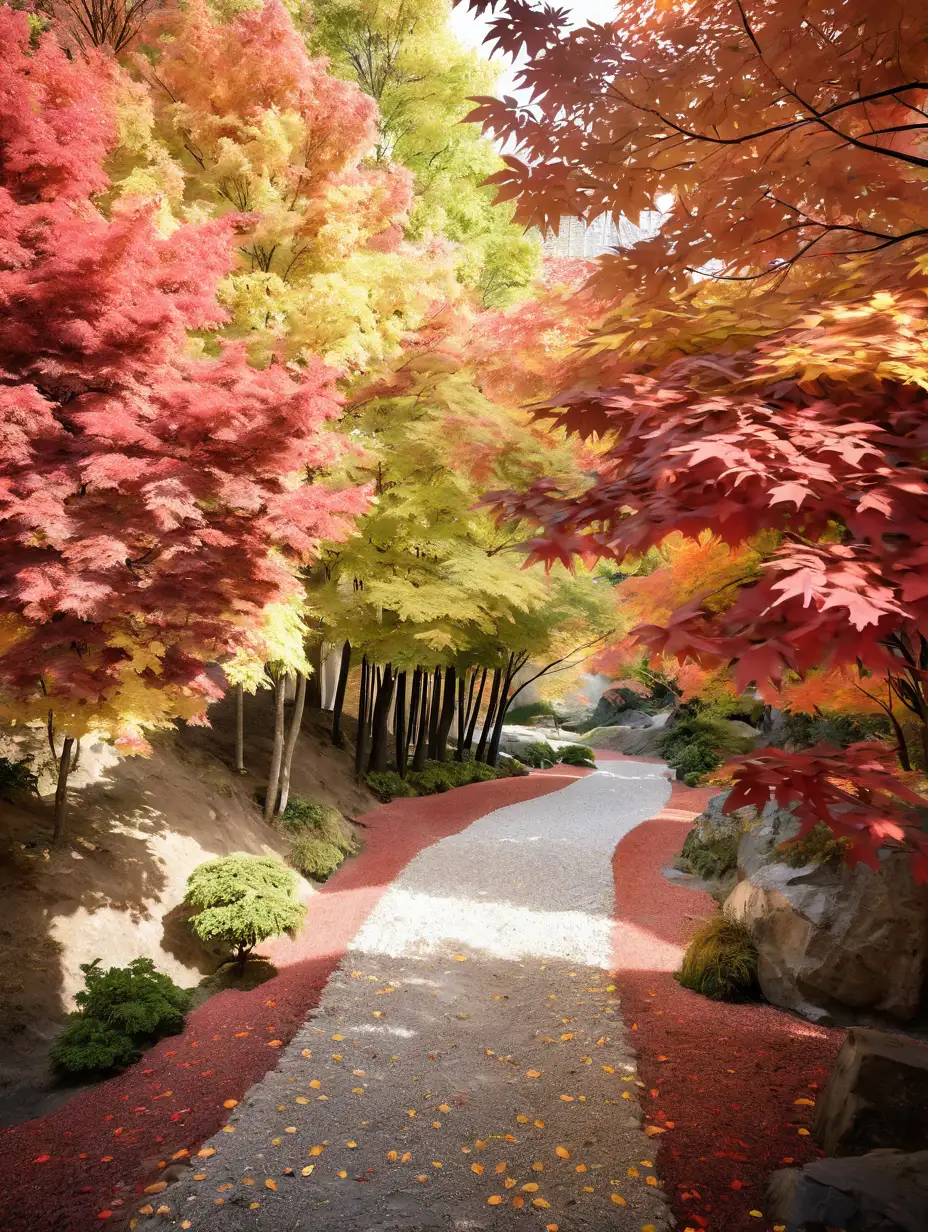 Autumn Path with Japanese Maple Trees in Fall Colors