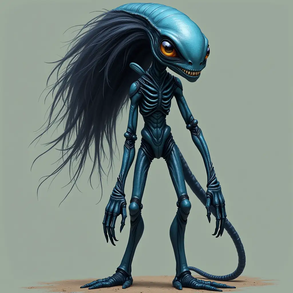 Alien very large wise skin with blue stripes legs slimy black hair