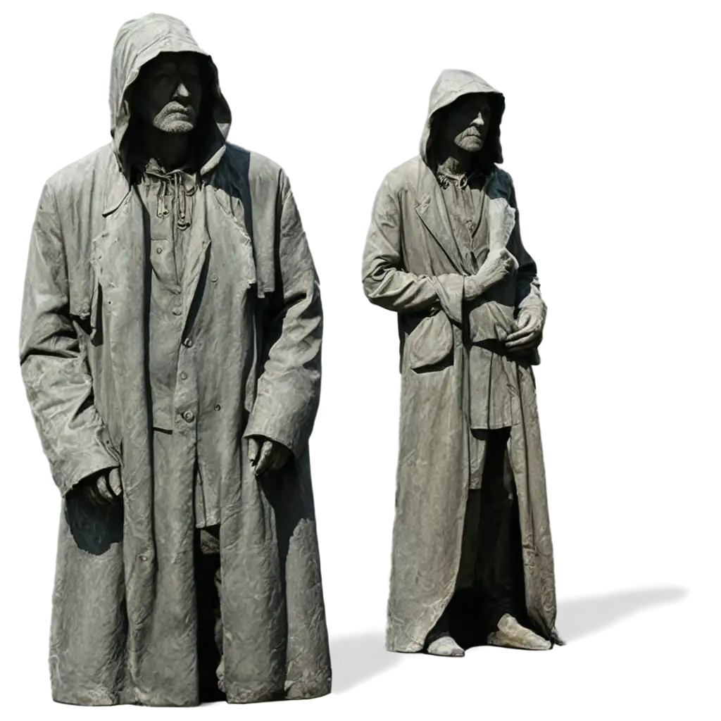 LifeSized-Man-Statues-with-Covered-Long-Coats-Weathered-and-Incomplete-PNG-Image-for-Various-Uses