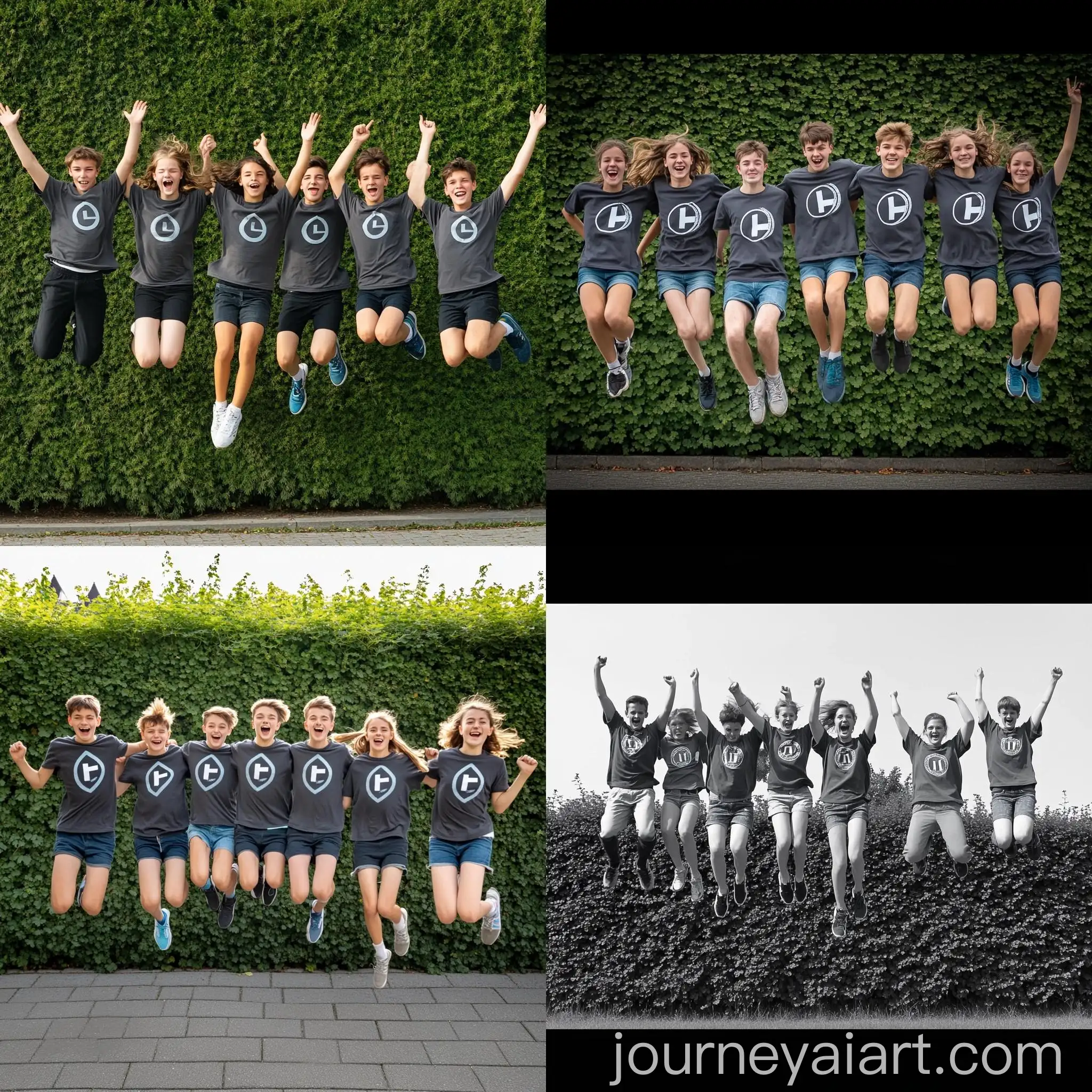 Group-of-Teenagers-Jumping-in-Front-of-Hedge-Evangelical-Church-Community-Logo-TShirts