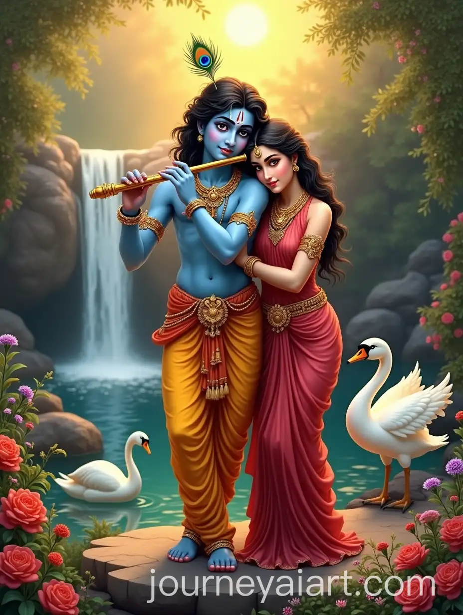 Krishna-and-Radha-in-Serene-Garden-with-Waterfall-and-Vibrant-Wildlife