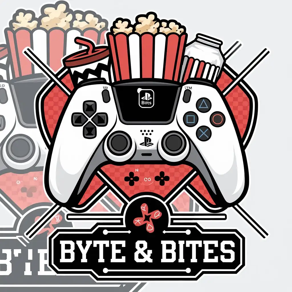 a vector logo design,with the text "Byte & Bites", main symbol:control of ps5, snacks, more color,complex,be used in Entertainment industry,clear background