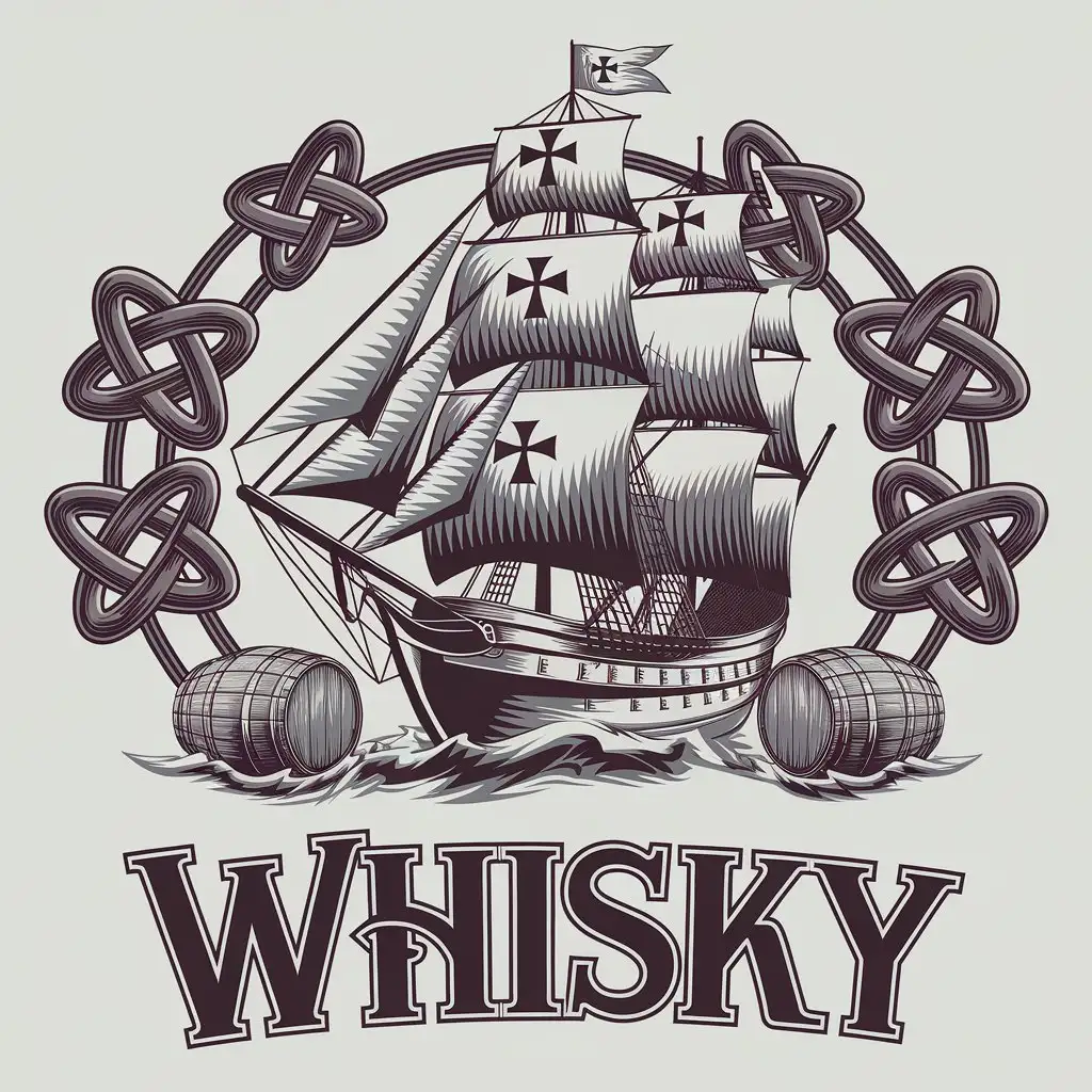 LOGO Design for Whisky Portuguese Caravel Ship with Celtic Knots Whiskey Barrel Theme