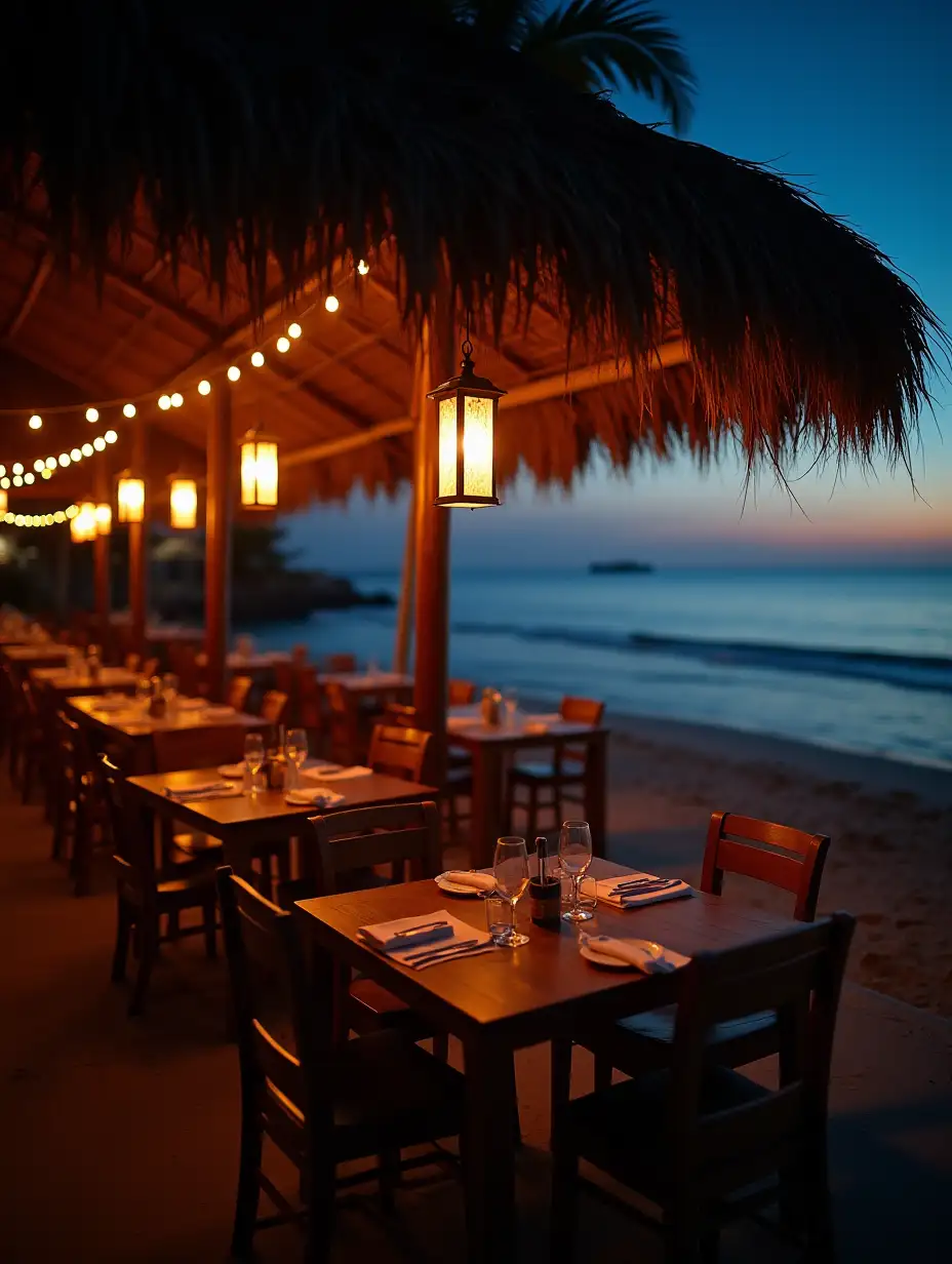 Seaside-Restaurant-at-Night-with-Wooden-Decor-and-Lanterns