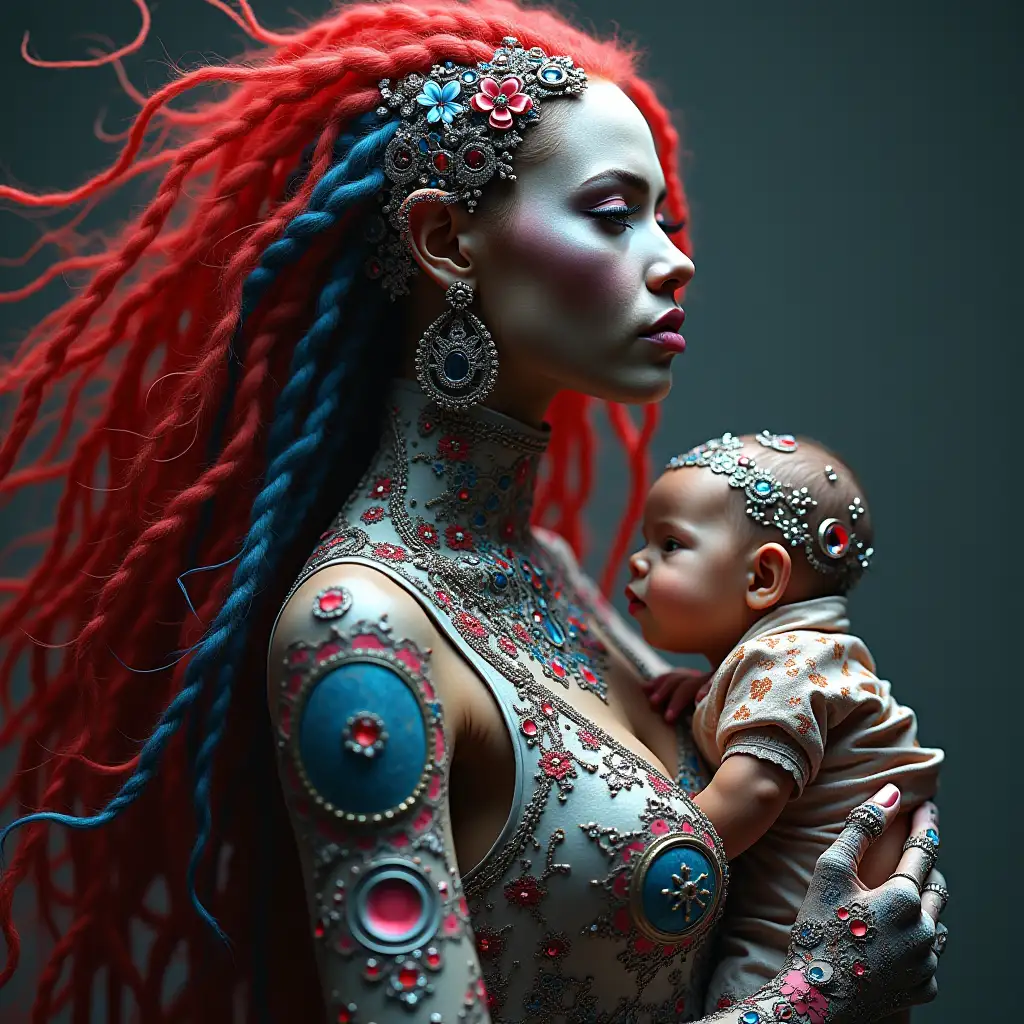 Hyperrealistic full body portrait of a stunningly beautiful black and white woman with red, blue and white long hair holding a baby with intricately detailed, colorful and futuristic jewelry.with a striking background