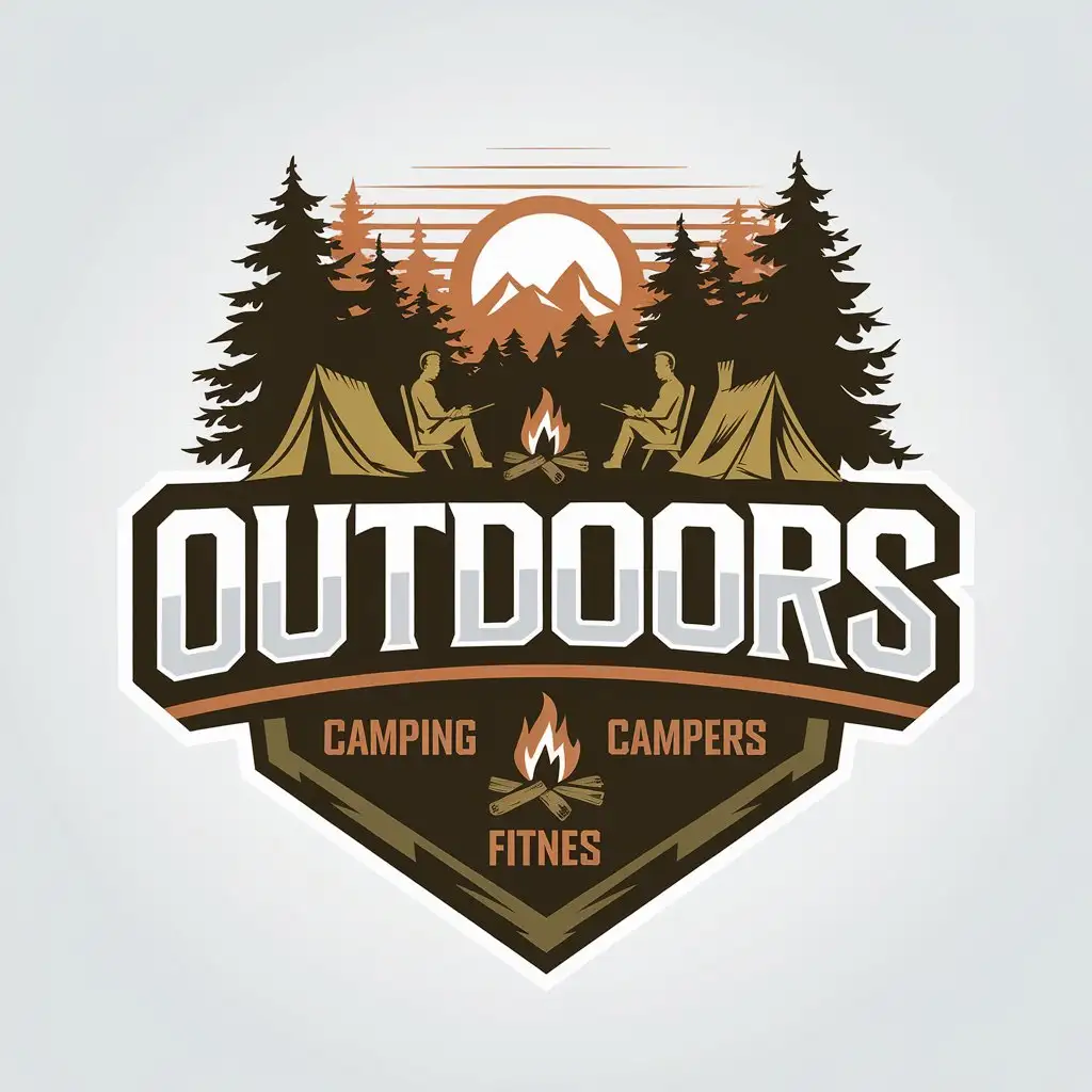 a vector logo design,with the text "OUTDOORS", main symbol:Woods, campfires, camping, campers sitting around campfires, sunset, distant mountains,,complex,be used in Sports Fitness industry,clear background