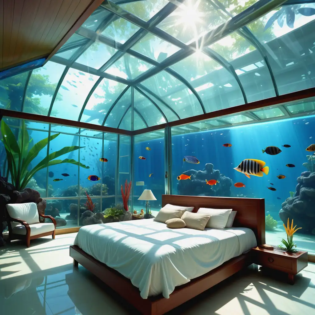 Transparent glass house, comfortable bed, underwater world, tropical fish, sunny