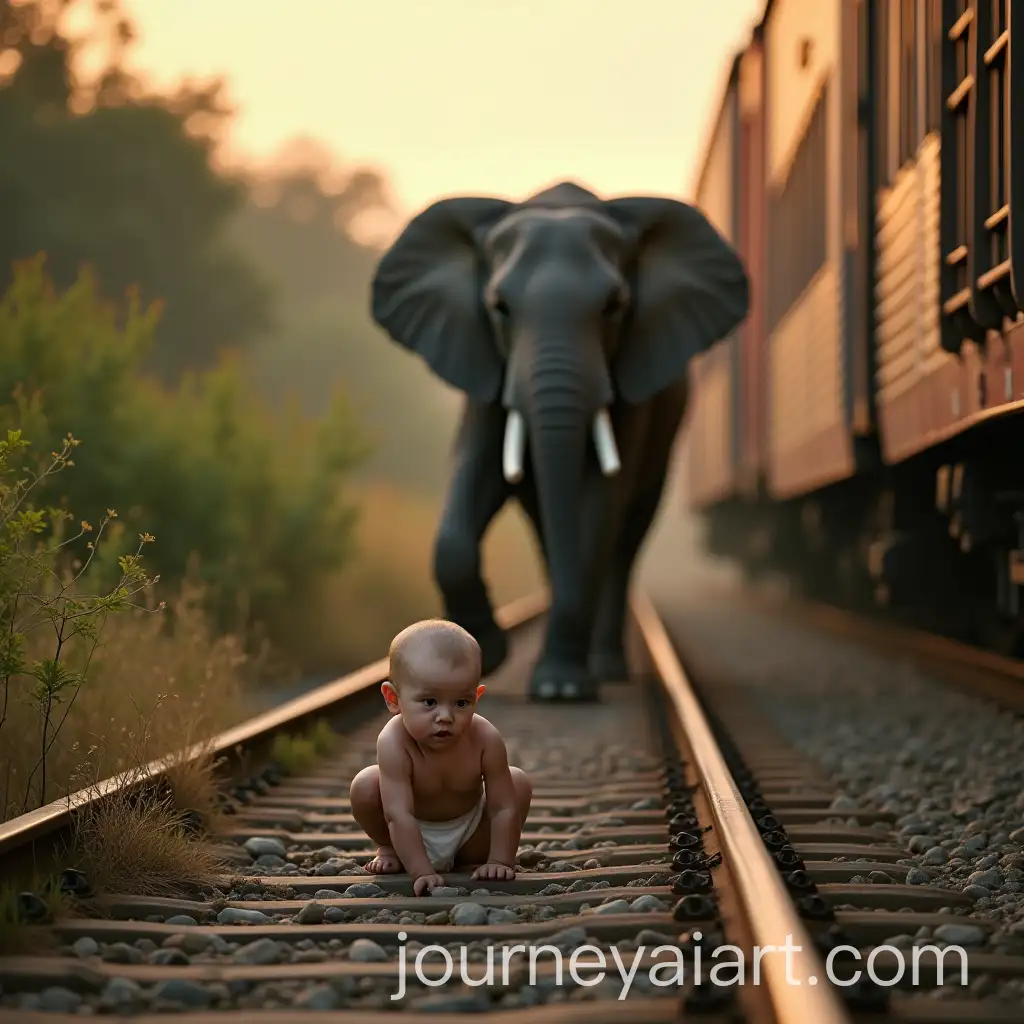 Shirtless-BabyAI-Art-Prompt-Expansion-Crawling-on-Railway-Track-with-Elephant-Watching-Over-in-Majestic-Setting