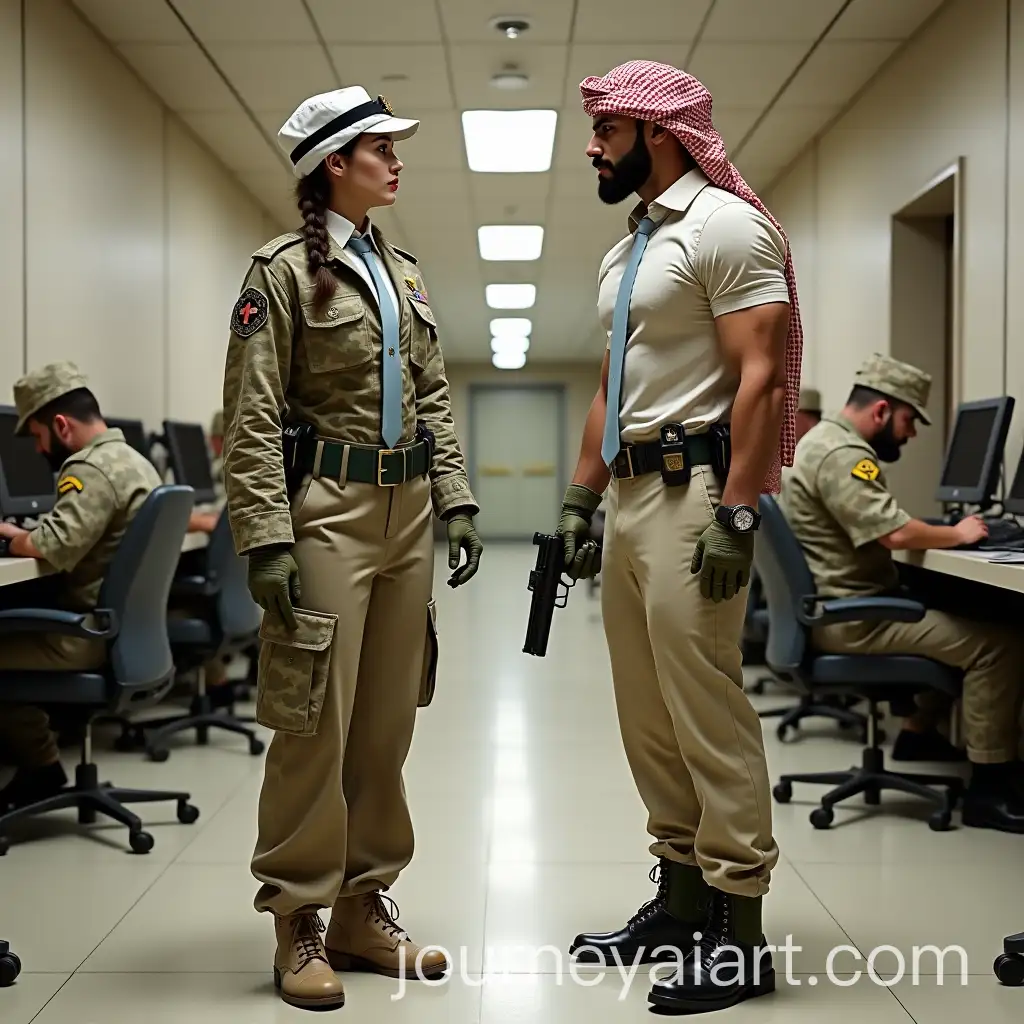 Military-Woman-and-Arab-Man-Confrontation-in-Underground-Bunker-with-Soldiers-at-Computers