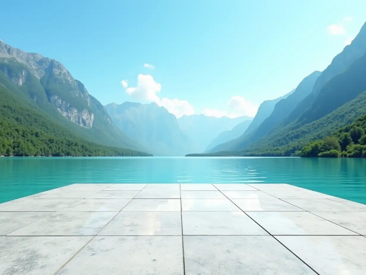 Empty square floor and green mountain with blue lake natural landscape under blue sky