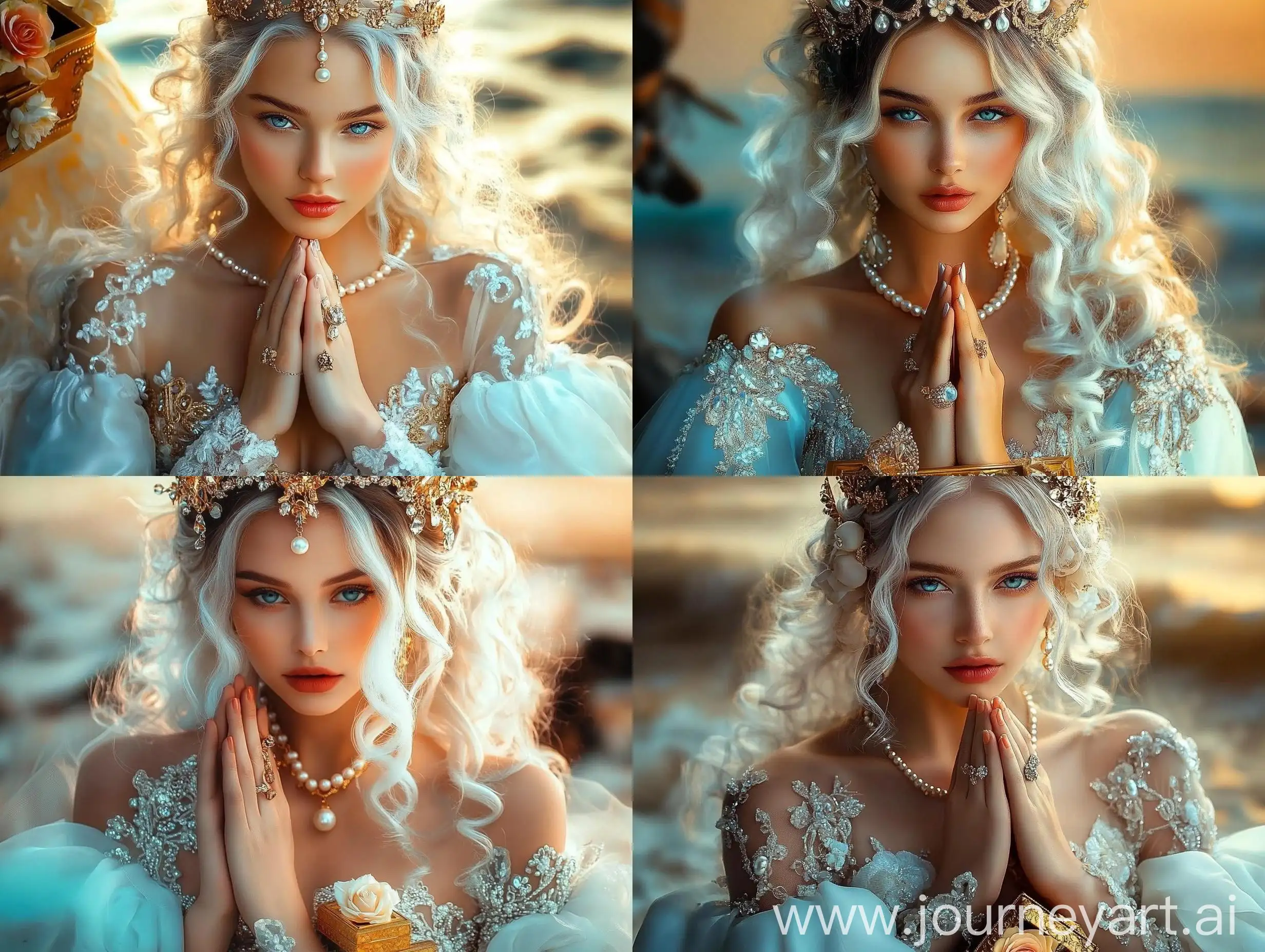 Medieval-Woman-with-Curly-White-Hair-and-Praying-Hands-Adorned-in-Gold-and-Pearls