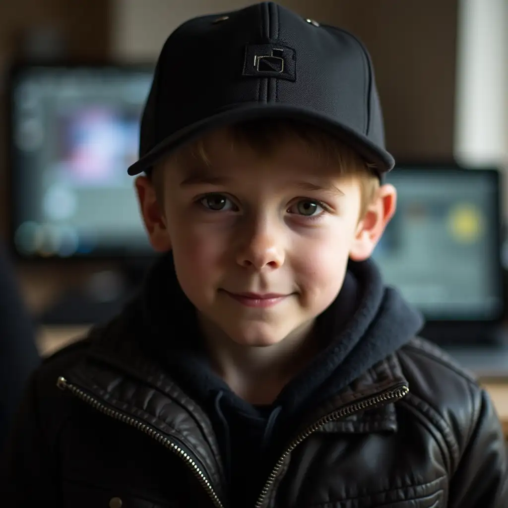 A young boy, 19 years old, in a black cap, in a leather jacket, stands and looks at the camera, with a computer in the background