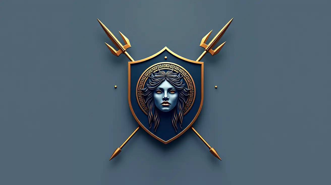 A sleek, modern, and minimalist logo for 'Aegis Themis,' a blockchain security brand inspired by Greek mythology. The central element should be a clean, symmetrical shield symbolizing protection. Inside the shield, replace the eye with a stylized Medusa's head (Gorgoneion), inspired by ancient Greek art, but simplified for a sleek, professional look. Surrounding Medusa’s head, incorporate a balanced set of scales to symbolize justice. Behind the shield, place two crossed spears, pointing upwards, with a clean, straight finish at the bottom to represent strength and readiness. The design must be perfectly symmetrical, well-aligned, and maintain a Greek-inspired yet modern aesthetic. Use a deep blue and gold color scheme to evoke wisdom, trust, and authority. The final composition should be a bold, iconic emblem without text, blending mythology with blockchain security aesthetics.