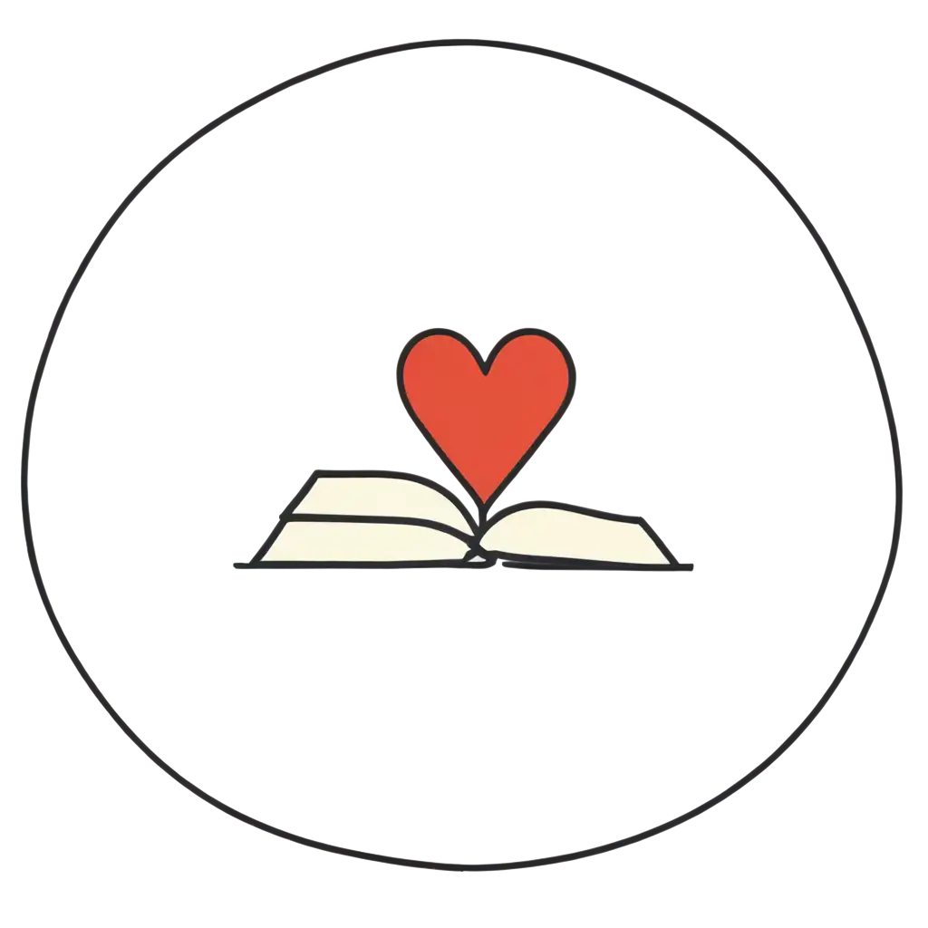 Using colorful line art, create an icon containing red heart on a book enclosed in a circle. The background is transparent.
