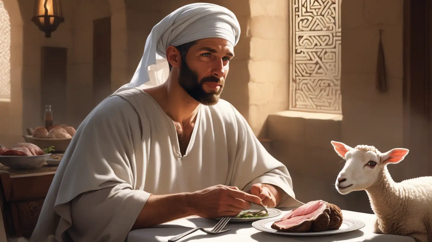 Hebrew Man Eating Lamb Shoulder in Biblical Temple Setting