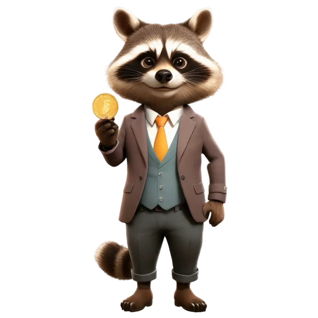 Cartoon rich raccoon in clothes with coin