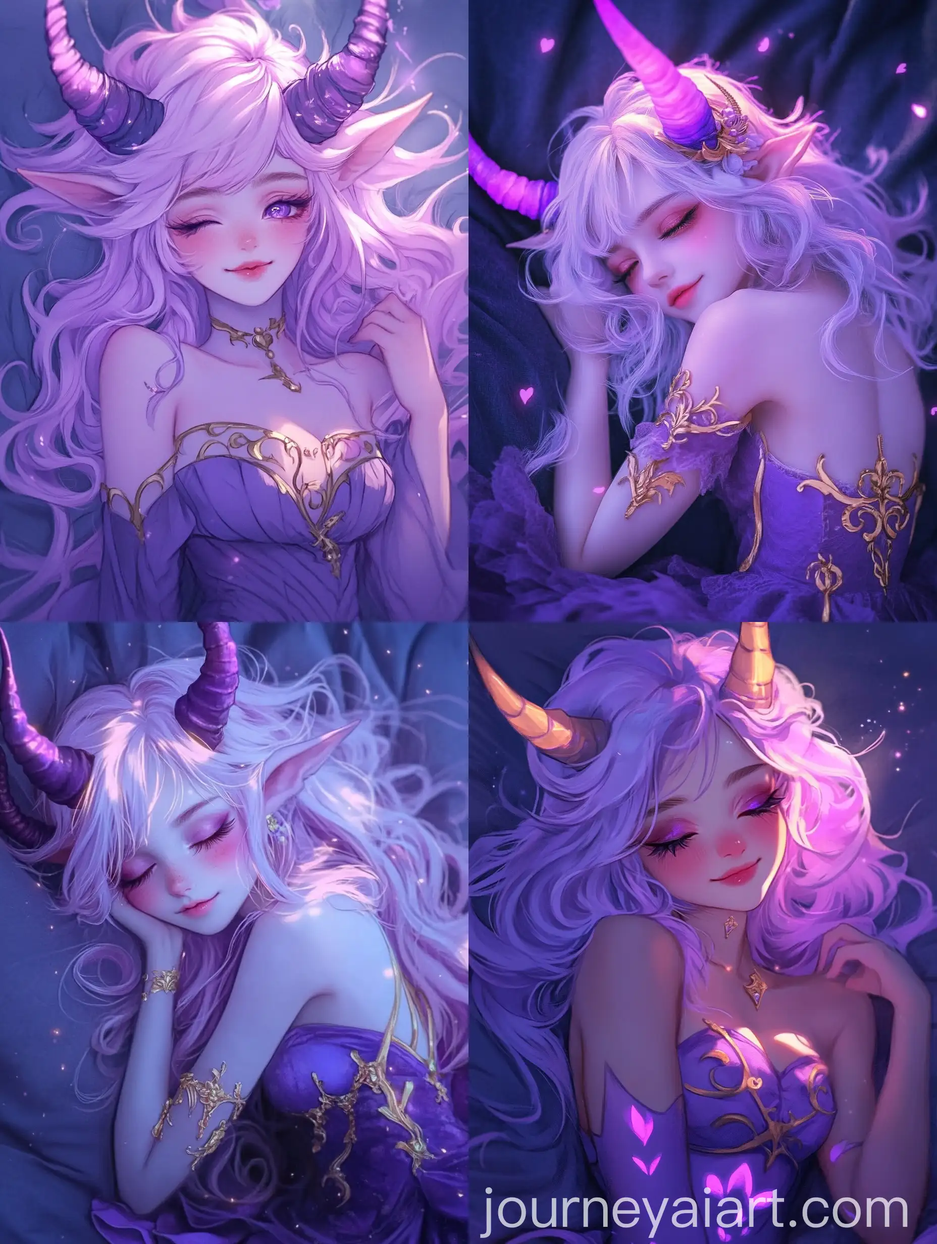 Short-PinkSkinned-Girl-with-Purple-Horns-and-Elegant-Dress-Lying-on-Bed