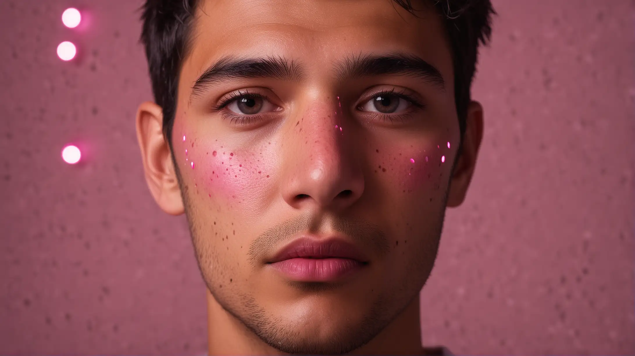 Young Latin Man Bathed in Reflecting Pink Lights