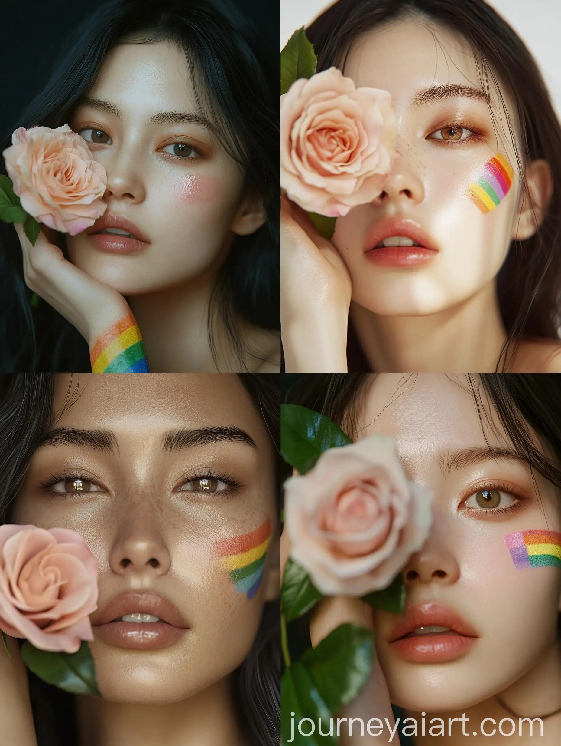 East-Asian-Woman-with-Rainbow-Pride-Tattoo-and-Pale-Pink-Rose