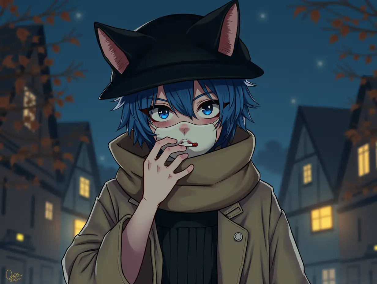 Neco, boy, dimwit, blue hair, mask on face, cat ears, beige coat scarf, black hat, cigarettes, autumn, night, panel houses, hyperdetailed, photo realism,