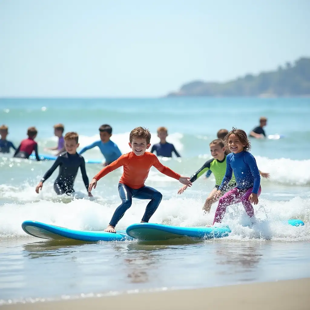 Children-Surfing-at-the-Beach-on-Sunny-Day