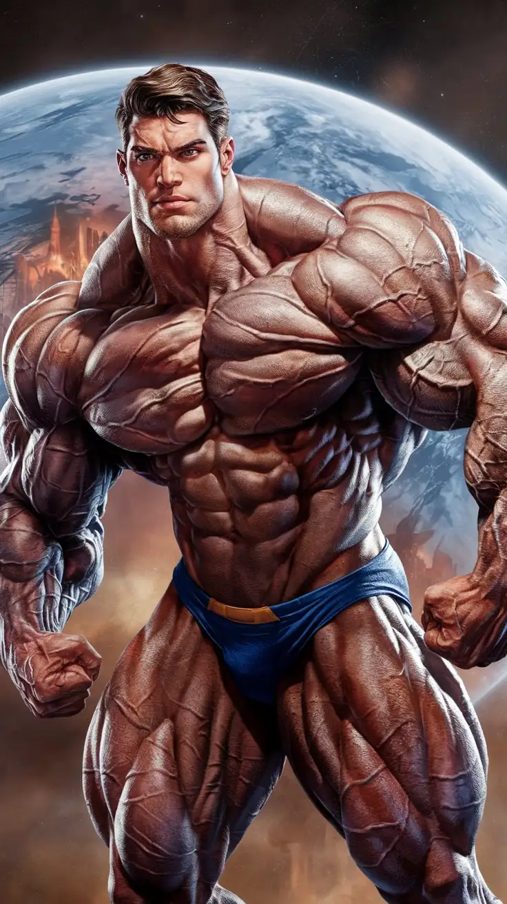 Powerfully muscled, hugely ripped, pumped, bodybuilder musclegod superhero reverently receives the blessing of Krypton. 24 years old. Photorealistic.