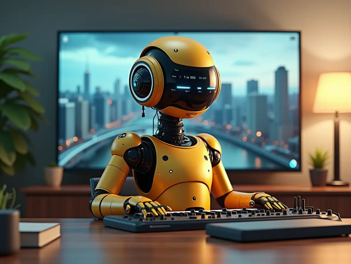 A 3D render of a futuristic AI music maker. The AI is a humanoid robot with a golden body and a circular head. The head contains multiple screens and buttons. The robot is sitting at a desk. There is a large screen behind the robot displaying a cityscape. The room has a few plants and a lamp.